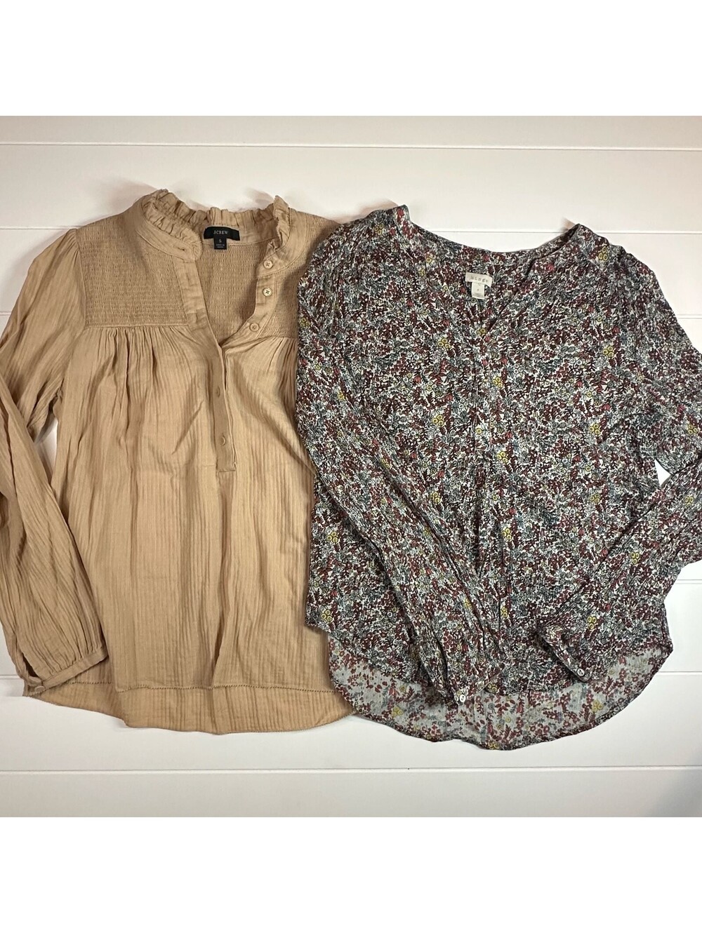 J.Crew & Hinge Women's Size Small Long Sleeve Blouse Bundle Lot - Tan Solid & Fl